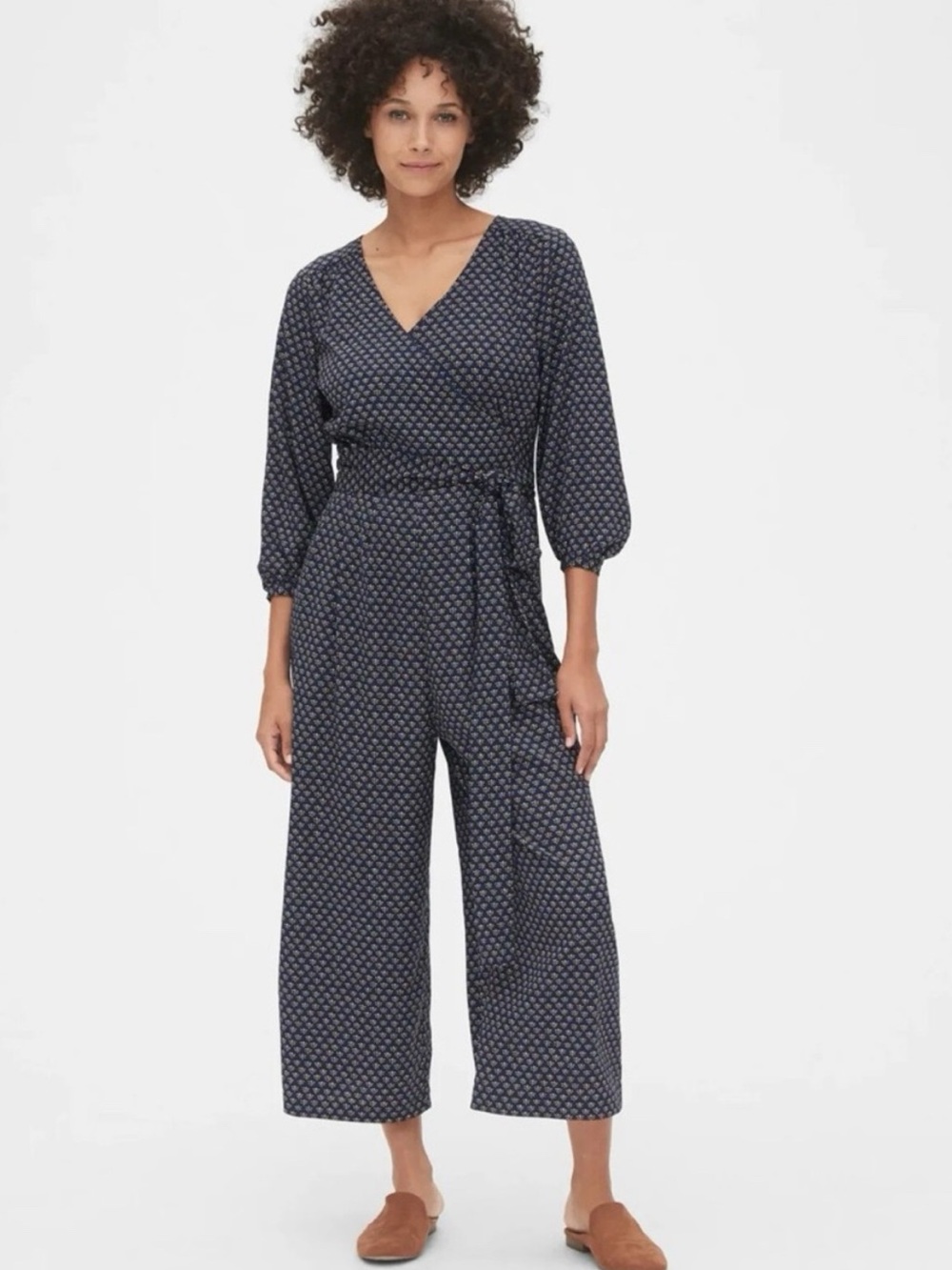 Gap Navy Polka Dot Wrap Jumpsuit V-Neck Long Sleeve Ankle Length Women's